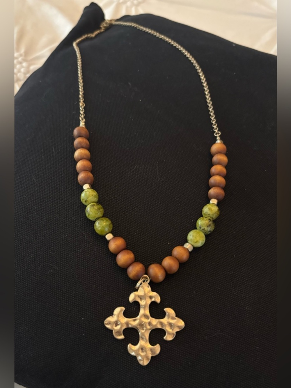 Green and Brown Beaded Cross Pendant Necklace